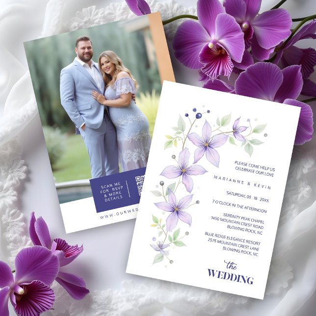 Invitación Delicate Floral & Botanical Branch Light Purple  (Delicate Floral & Botanical Branch Light Purple Wedding Invitation Cards with Back Photo and QR Code)