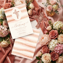 Invitación Delicate Floral Cross Romantic Rose Gold