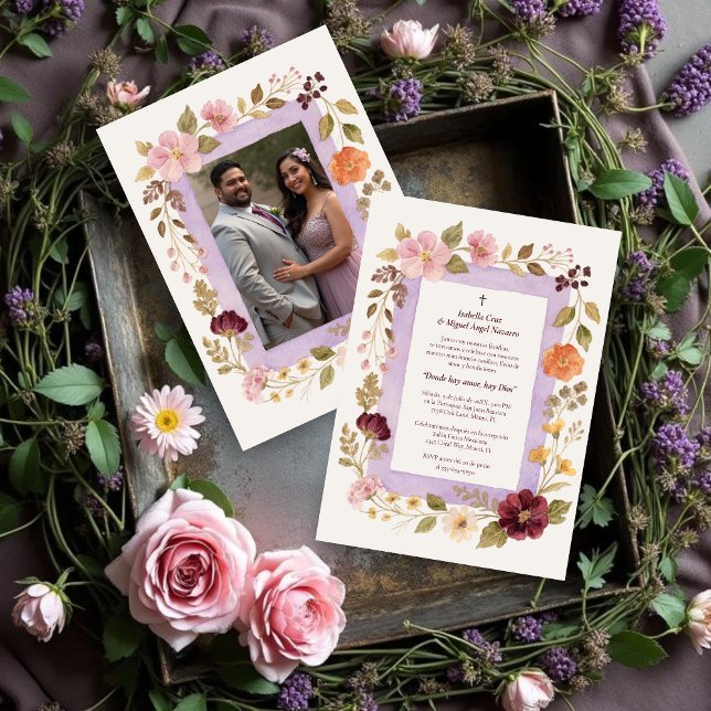 Invitación Delicate Floral Frame Christian Catholic Wedding (Delicate Floral Frame Christian Catholic Wedding Invitation Cards in Spanish with Back Photo. )