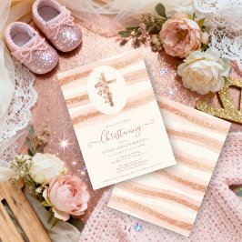 Invitación Delicate Floral Glitter Cross Romantic Rose Gold