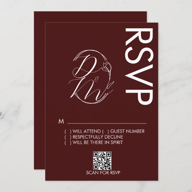 Invitación Delicate Floral Logo Wedding Burgundy RSVP Card (Anverso / Reverso)