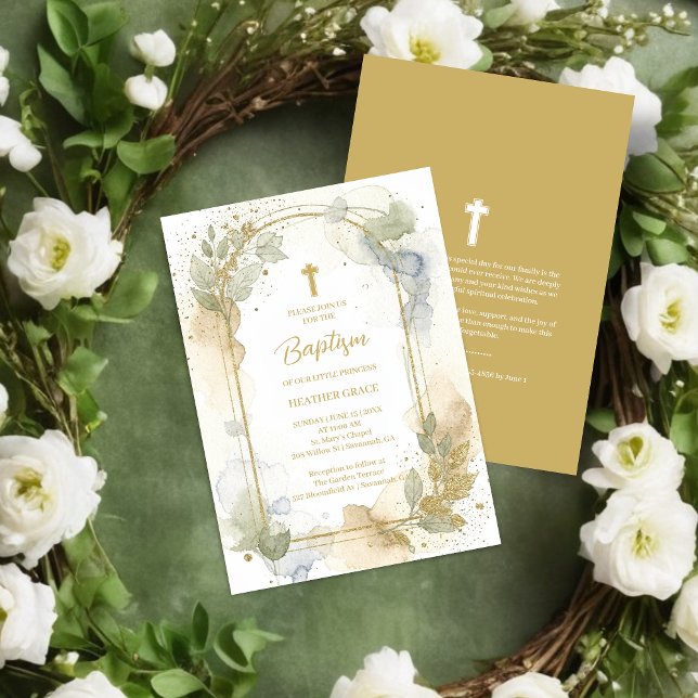 Invitación Delicate Gold Shades Floral Frame Arch Baptism (Delicate Digital Watercolor Gold Shades Floral Frame Arch Shape Baptism Invitation Cards.)