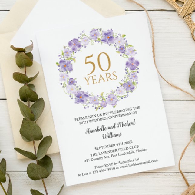 Invitación Delicate Lavender Floral Garland 50.º Boda (Subido por el creador)