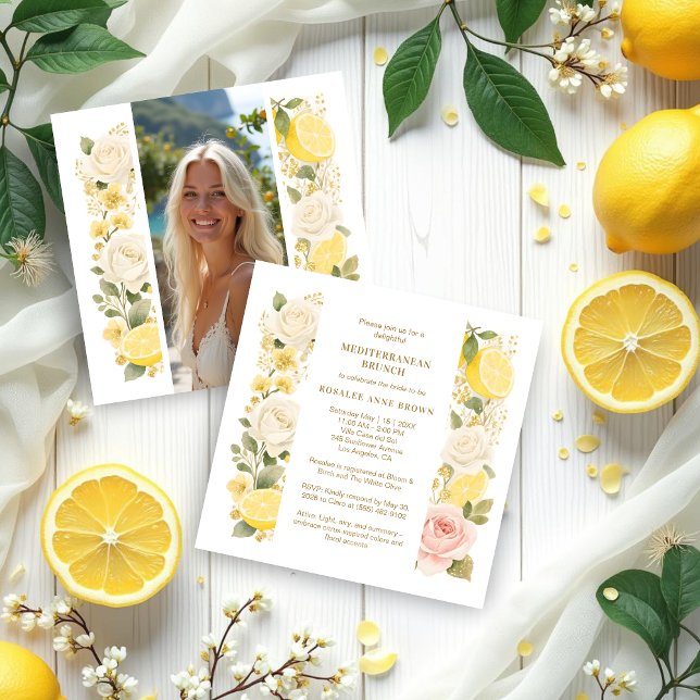 Invitación Delicate Mediterranean Lemons Flowers Greenery (Delicate Pastel Mediterranean Lemons Flowers Greenery Wedding Bridal Shower Invitation Cards.)