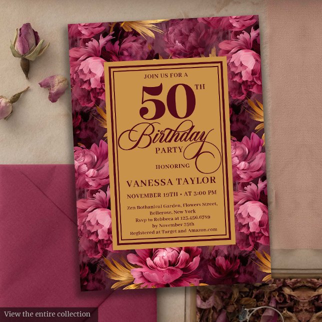 Invitación Delicate merlot ruborizada floral de oro 50 cumple (Delicate merlot blush gold floral 50th birthday invite

)