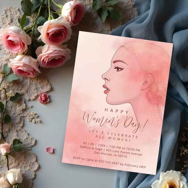 Invitación Delicate Minimalist Woman Pink Happy Women's Day (Delicate Minimalist Woman in Pink Happy Women's Party Invitations Cards. Let's Celebrate All Women.)