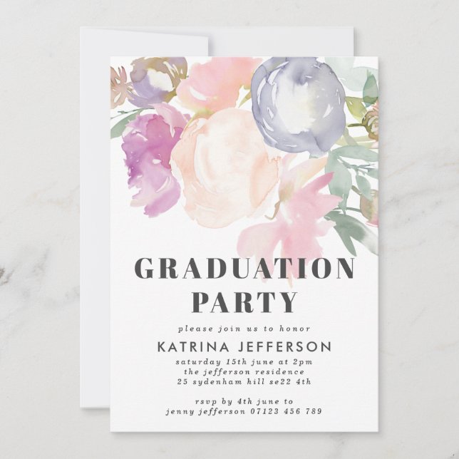 Invitación Delicate Pastel Watercolor Floral Graduación (Anverso)