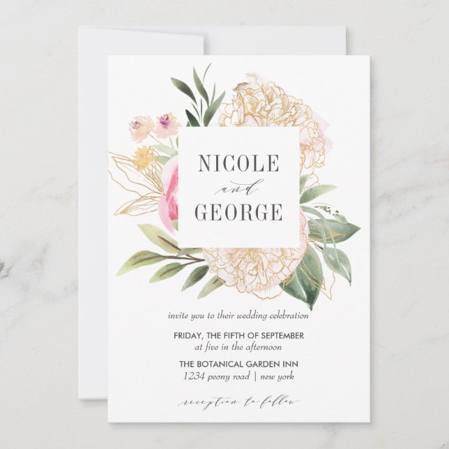 Invitación Delicate Peony Gold Geométrico Watercolor boda (Anverso)