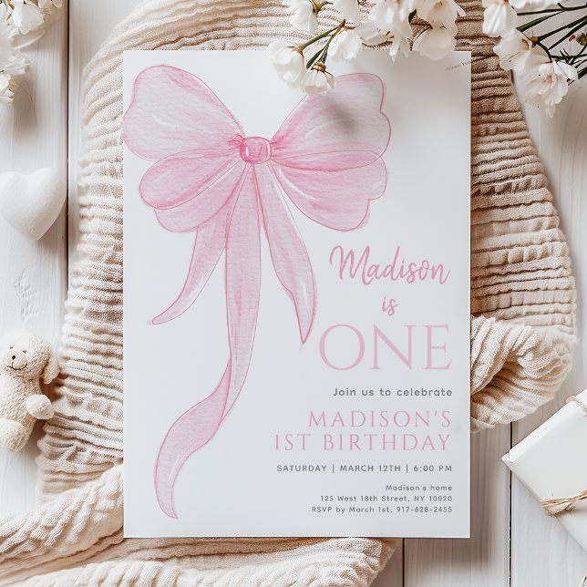 Invitación Delicate Pink Bow Girl First Birthday (Subido por el creador)