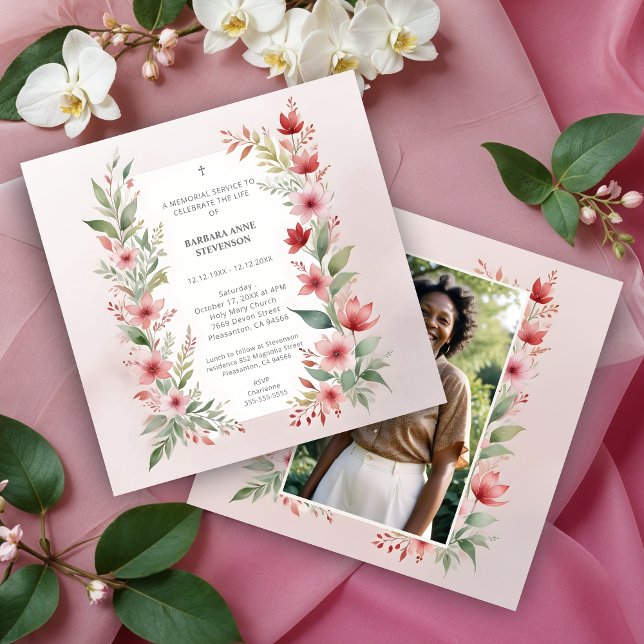 Invitación Delicate Pink Cherish Botanical Wildflower Funeral (Delicate Pink Shades Cherish Botanical Wildflowers Branches Photo Funeral Invitations Cards.)