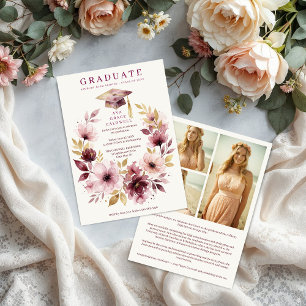 Invitación Delicate Pink Floral Wreath Graduation Cap 