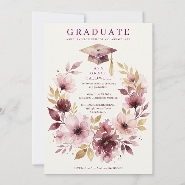 Invitación Delicate Pink Floral Wreath Graduation Cap  (Anverso)
