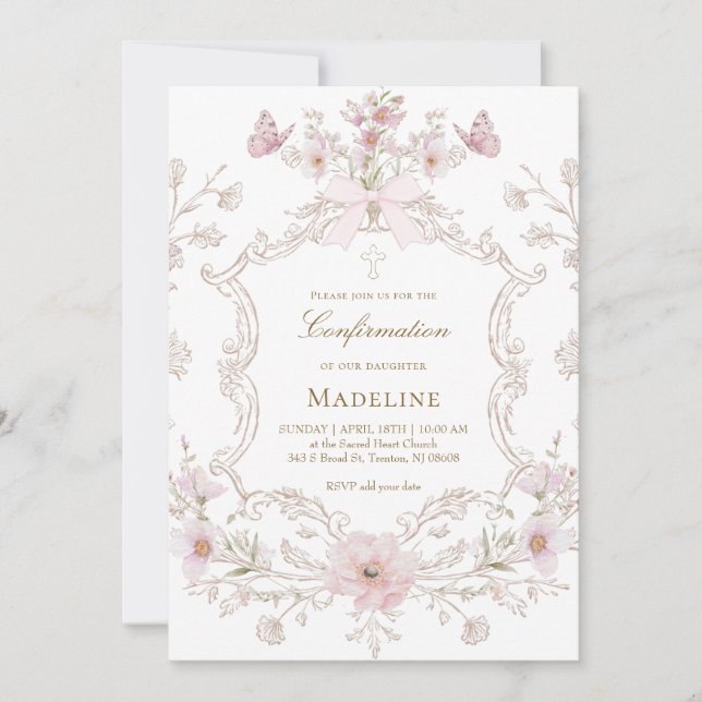 Invitación delicate pink flowers frame Confirmation girl (Anverso)