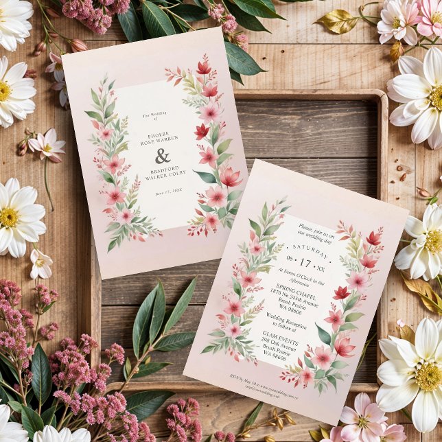 Invitación Delicate Pink Shades Cherish Botanical Wildflowers (Delicate Pink Shades Cherish Botanical Wildflowers Branches Wedding Invitations Cards.)