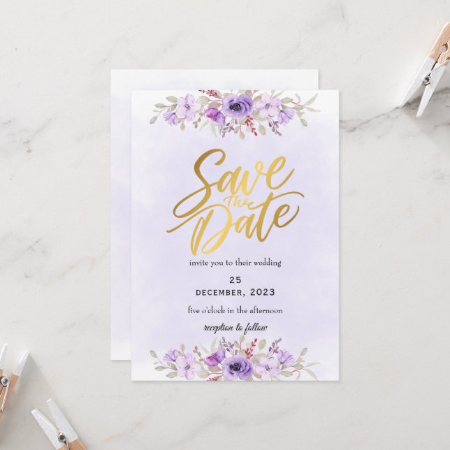 Invitación Delicate Purple Floral Wedding Save the Date (Anverso/Reverso In Situ)