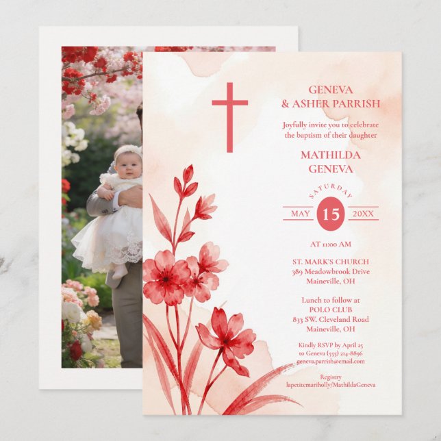 Invitación Delicate Red & Pink Wildflowers Baptism Photo (Anverso / Reverso)