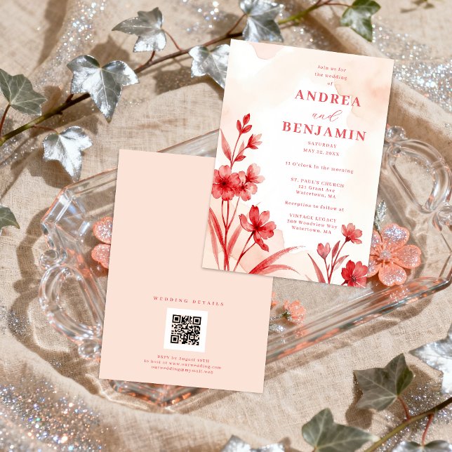 Invitación Delicate Romantic Bloom Juicy Red & Pinky Pink  (Delicate Romantic Bloom Juicy Red & Pinky Pink Editorial Wedding Invitation with Back QR Code. )