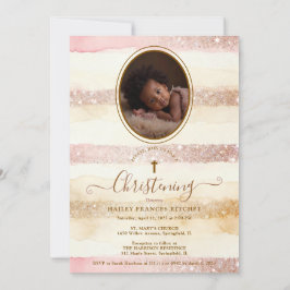 Invitación Delicate Romantic Glitter Stripes Baby Baptist
