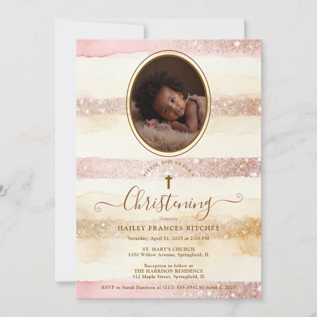 Invitación Delicate Romantic Glitter Stripes Baby Baptist (Anverso)