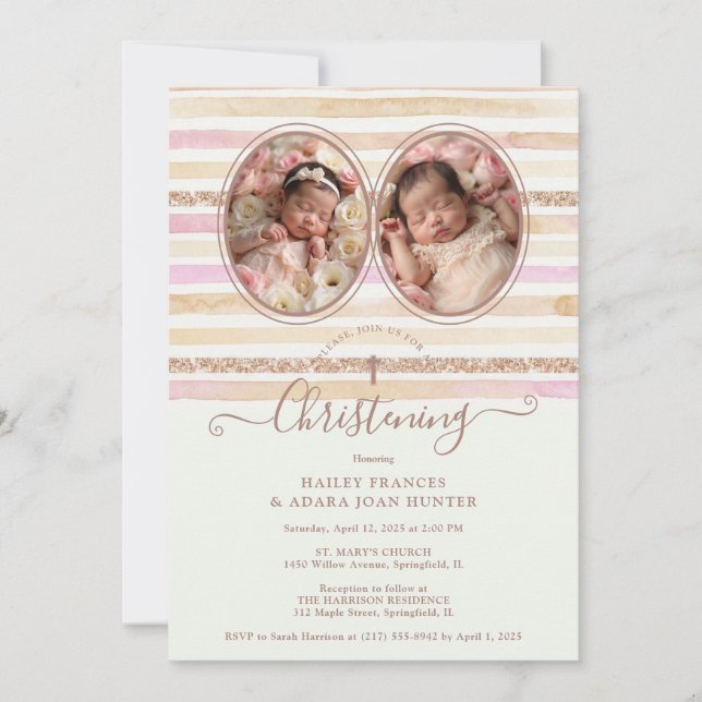 Invitación Delicate Romantic Glitter Stripes Twins Baptist (Anverso)