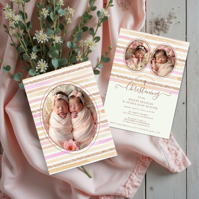 Invitación Delicate Romantic Glitter Stripes Twins Baptist (Delicate Romantic Glitter Stripes Baby Twins Baptist Christening Invitation Card with Oval 3-Photo. )