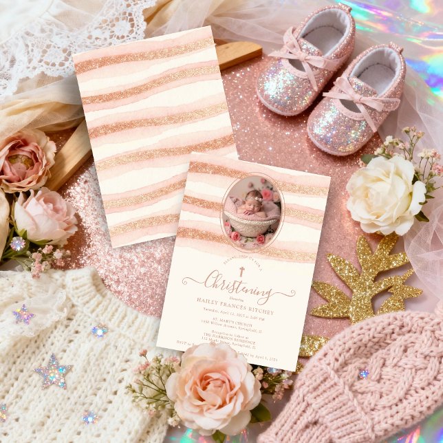Invitación Delicate Romantic Rose Gold Glitter Baptist  (Delicate Romantic Rose Gold Glitter Style Christening Invitation Card with Oval Photo.)