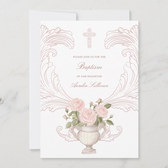 Invitación Delicate Roses Frame Baptism Invitation (Anverso)