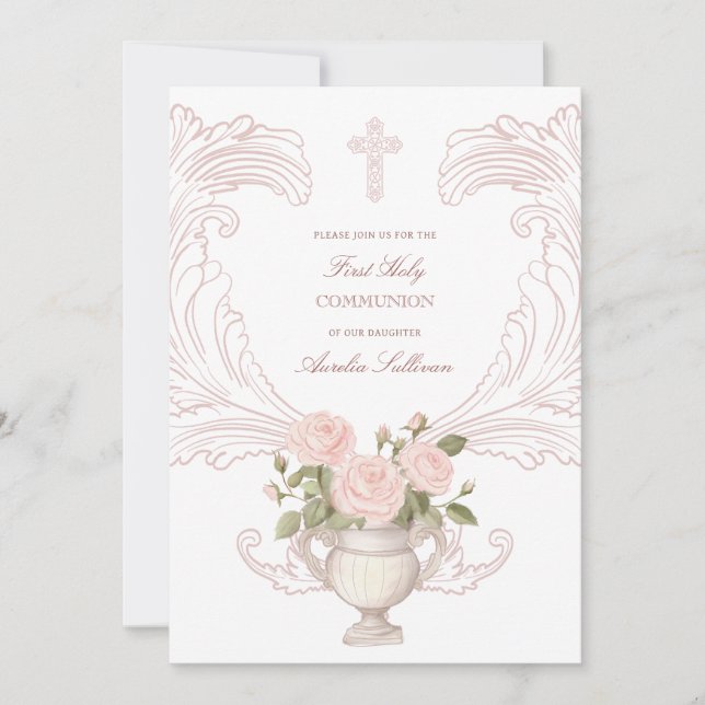 Invitación Delicate Roses Frame First Communion (Anverso)