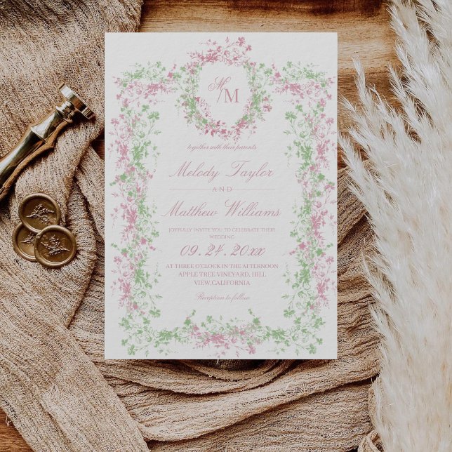 Invitación Delicate Soft Pastel Ornate Crest Monogram Wedding (Subido por el creador)