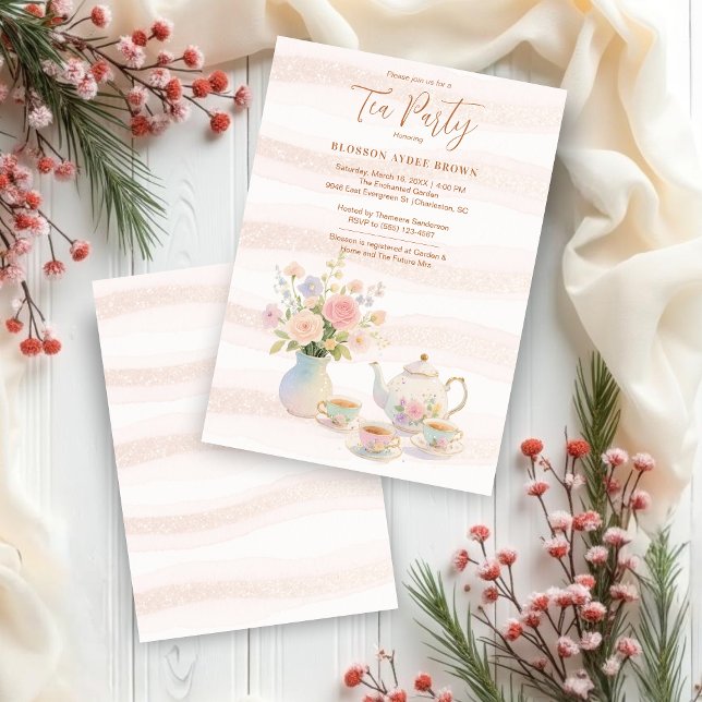 Invitación Delicate Sophisticated Pink Vintage Tea Set (Delicate Sophisticated Pink Vintage Tea Set Bridal Shower Invitations Cards. )