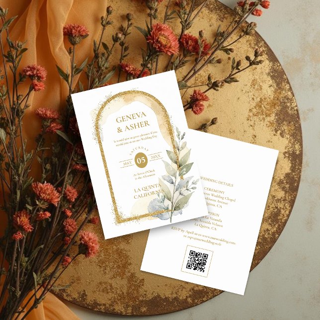 Invitación Delicate Spring Green & Beige Floral Arch Wedding (Delicate Spring Green & Beige Floral Arch Glitter Effect Wedding Invitation with Back QR Code.)