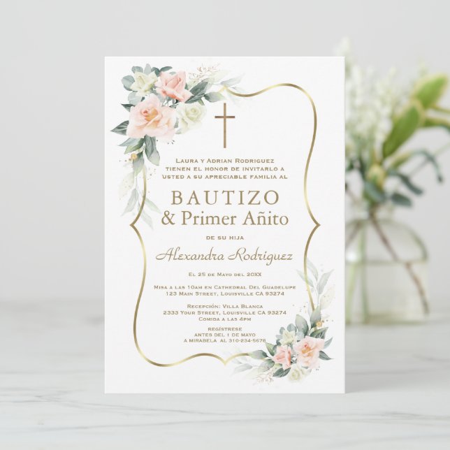 Invitación Delicate White Blush Flowers 1st Birthday Baptism  (Anverso de pie)