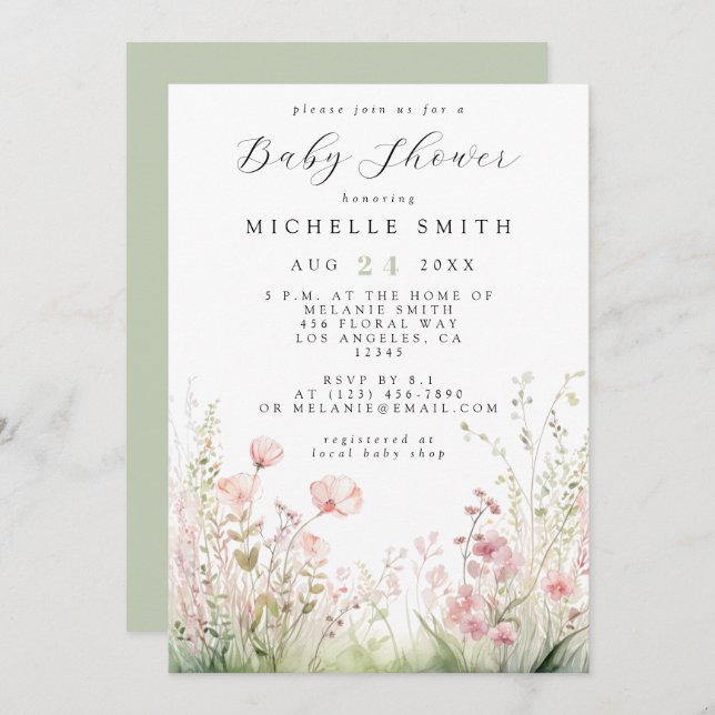 Invitación Delicate Wildflower Baby Shower (Anverso / Reverso)