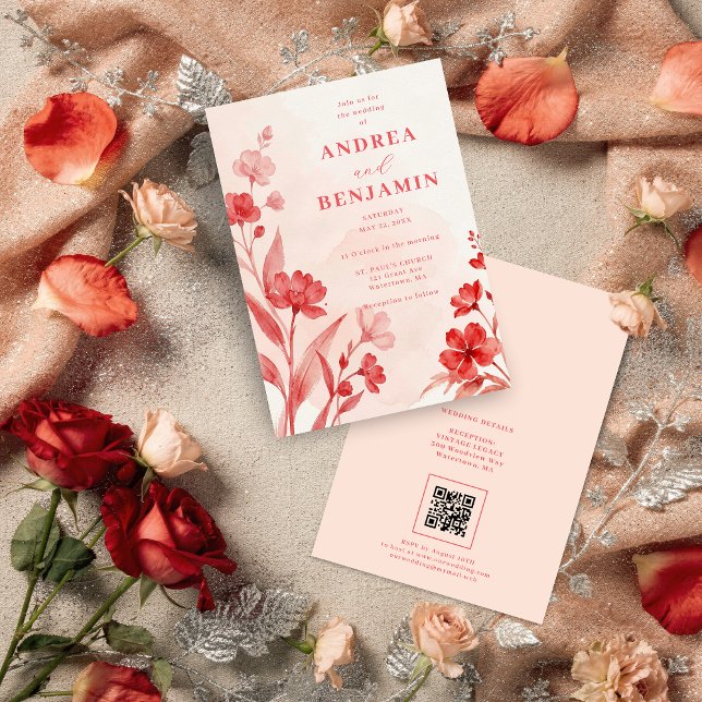 Invitación Delicate Wildflowers Juicy Red Pinky Pink Wedding (Delicate Wildflowers Juicy Red & Pinky Pink Editorial Wedding Invitation with Back QR Code.)