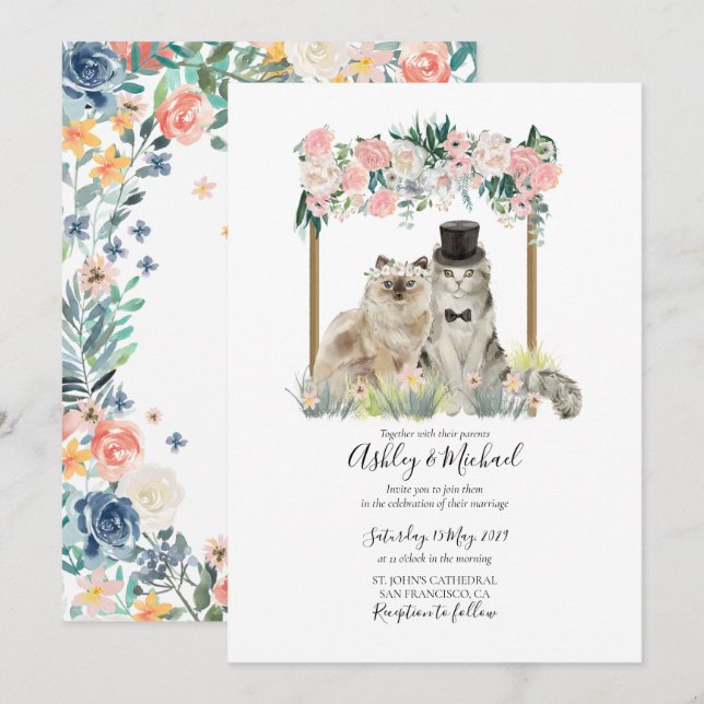 Invitación Deliciosa acuarela Cat Pink White Flor Arbor (Anverso / Reverso)