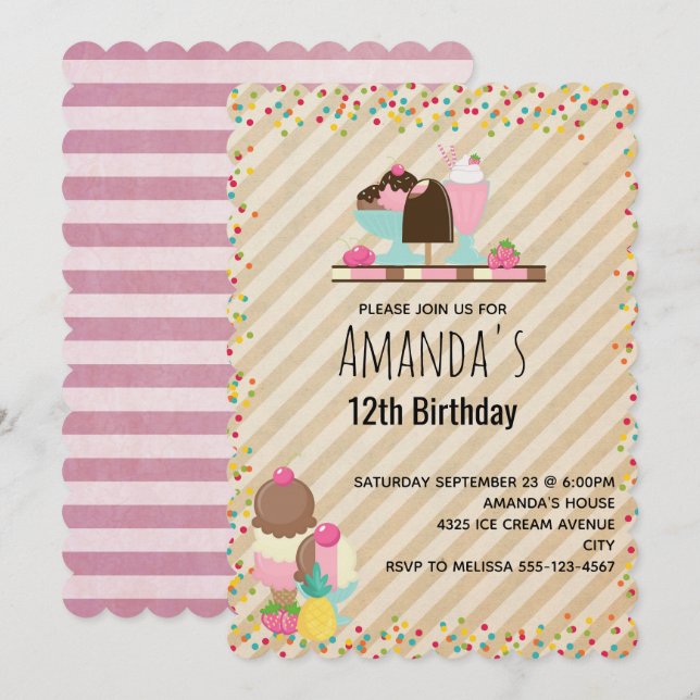 Invitación Delicioso helado y postre dulce flotante cumpleaño (Anverso / Reverso)