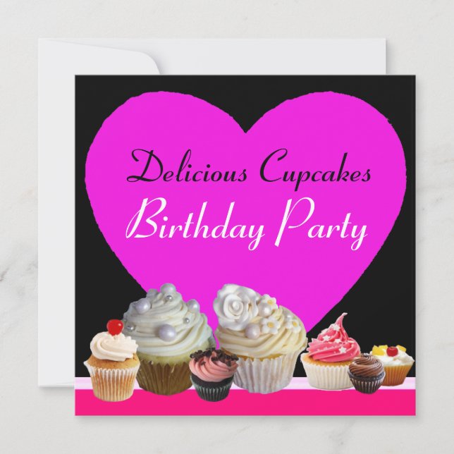 Invitación DELICIOSOS CUPCAKES PARTIDO DE CUMPLEAÑOS corazón  (Anverso)