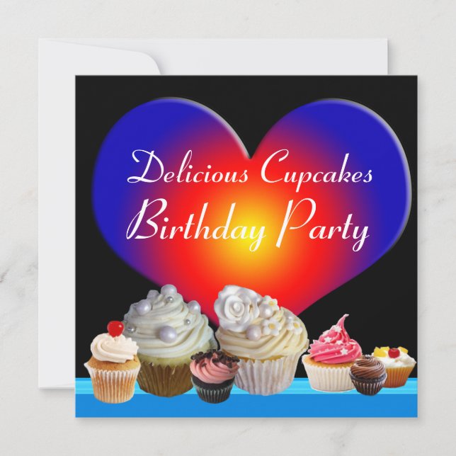 Invitación DELICIOSOS CUPCAKES PARTIDO DE CUMPLEAÑOS corazón  (Anverso)
