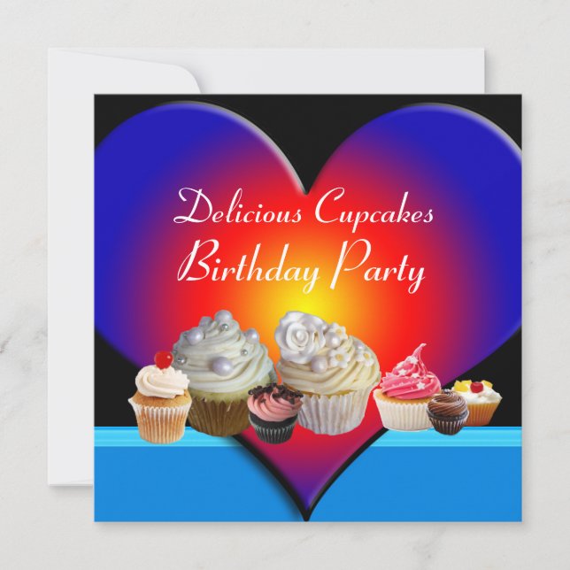 Invitación DELICIOSOS CUPCAKES PARTIDO DE CUMPLEAÑOS Corazón  (Anverso)