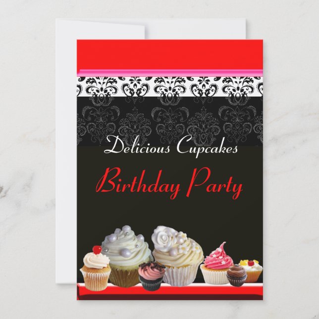 Invitación DELICIOSOS CUPCAKES PARTIDO DE CUMPLEAÑOS, negro r (Anverso)