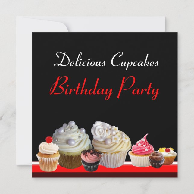 Invitación DELICIOSOS CUPCAKES PARTIDO DE CUMPLEAÑOS, negro r (Anverso)