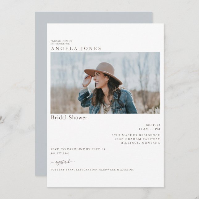 Invitación Delight Dusty Blue Modern Photo Bridal Shower (Anverso / Reverso)