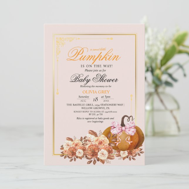Invitación Delight Pumpkin Floral Baby Shower (Anverso de pie)