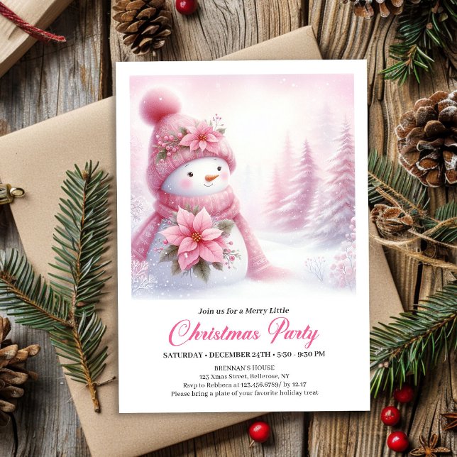 Invitación Delightful Snowy Forest Pink Snowman Kids Invite  (Delightful Snowy Forest Pink Snowman Kids Invite Digital)
