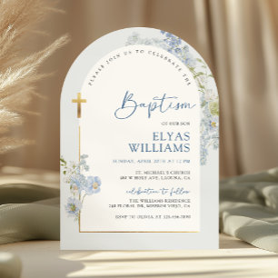 Invitación Delphinium Floral Azul Polvoriento Arqueado Bautiz