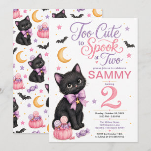 Invitación Demasiado Lindo para Asustar Cumpleaños 2 Gato Neg