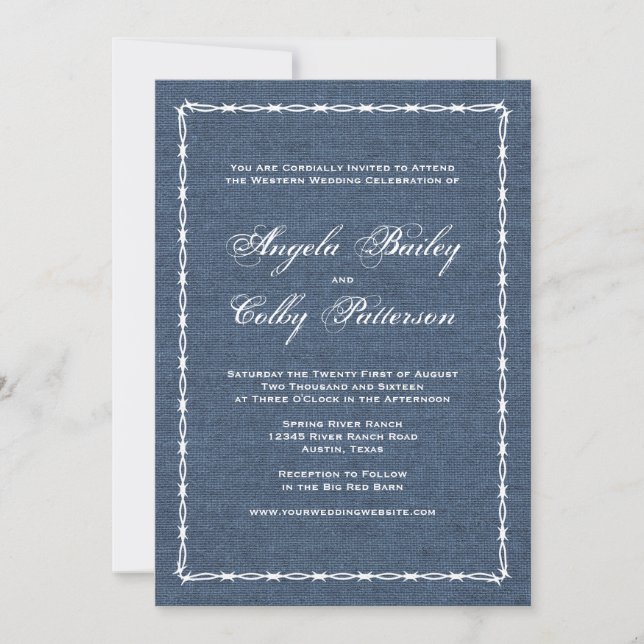 Invitación Denim azul de país y alambre barb (Anverso)