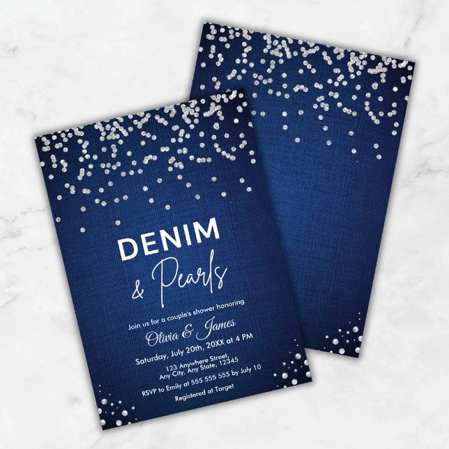 Invitación Denim azul elegante y ducha de la pareja de las Pe (Blue Elegant Denim and Pearls Couple's Shower Invitation     )