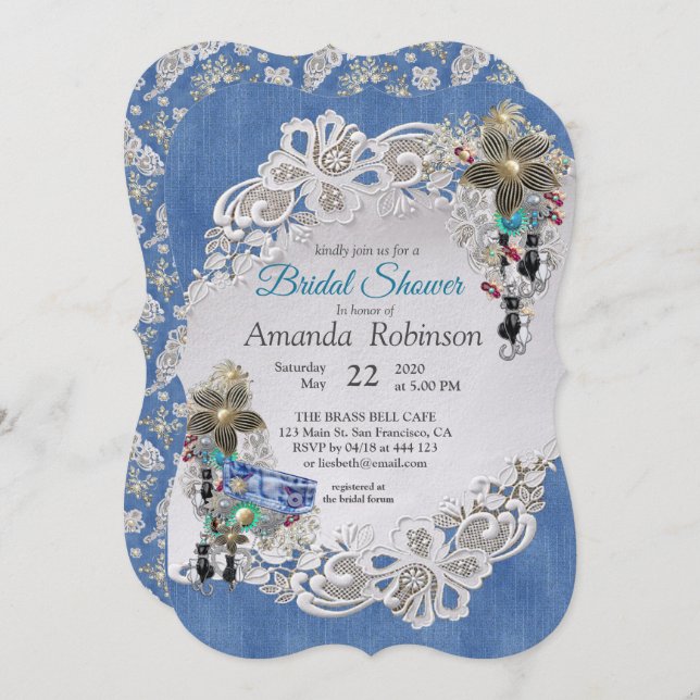 Invitación Denim azul, encaje - Joyas disfrazadas (Anverso / Reverso)