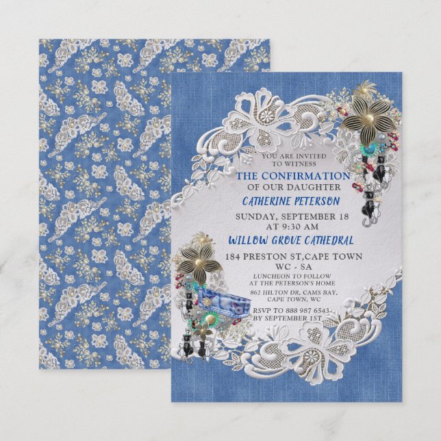 Invitación Denim azul, encaje - Joyas disfrazadas (Anverso / Reverso)
